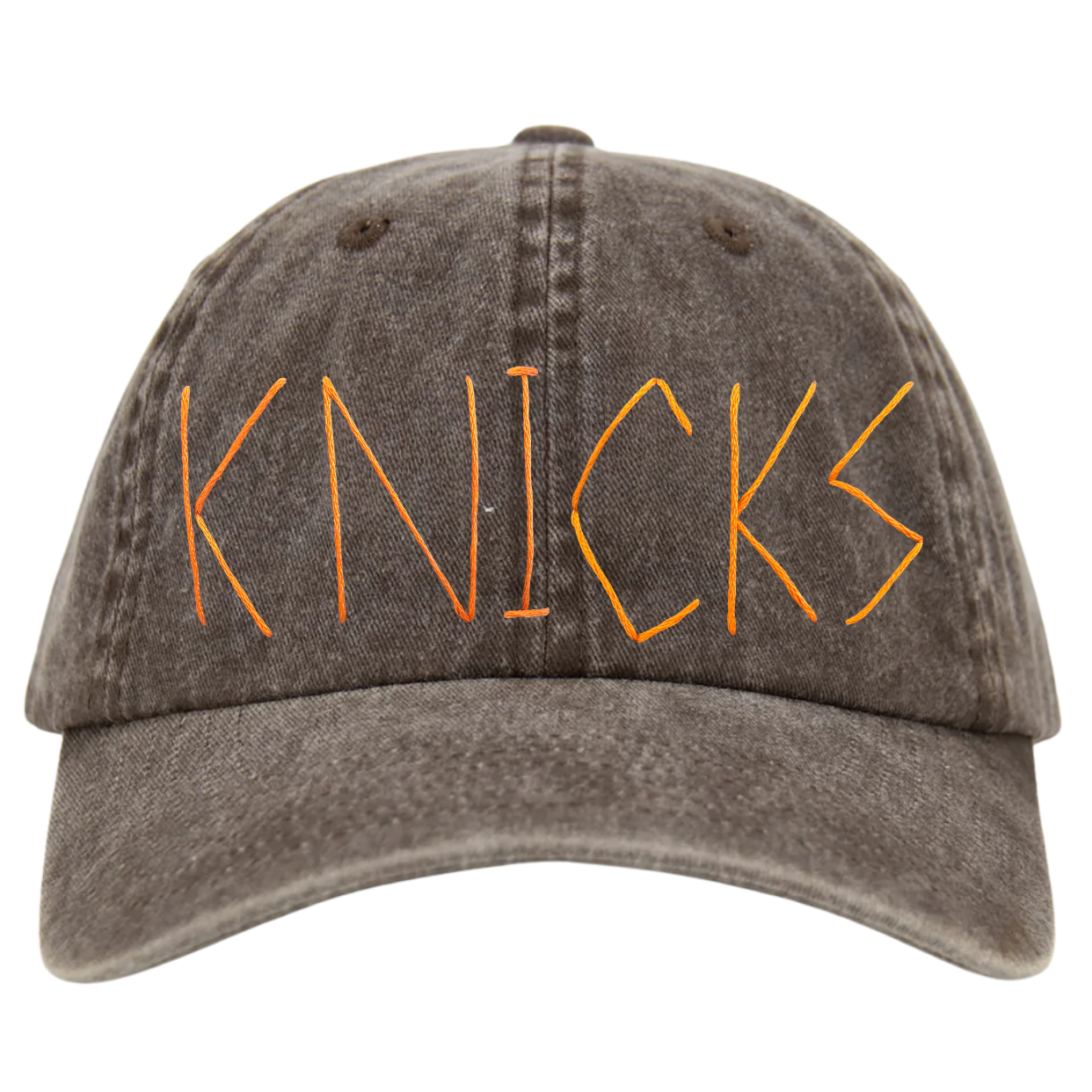 A brown wash baseball cap with the word 'KNICKS' embroidered in orange on the front.
