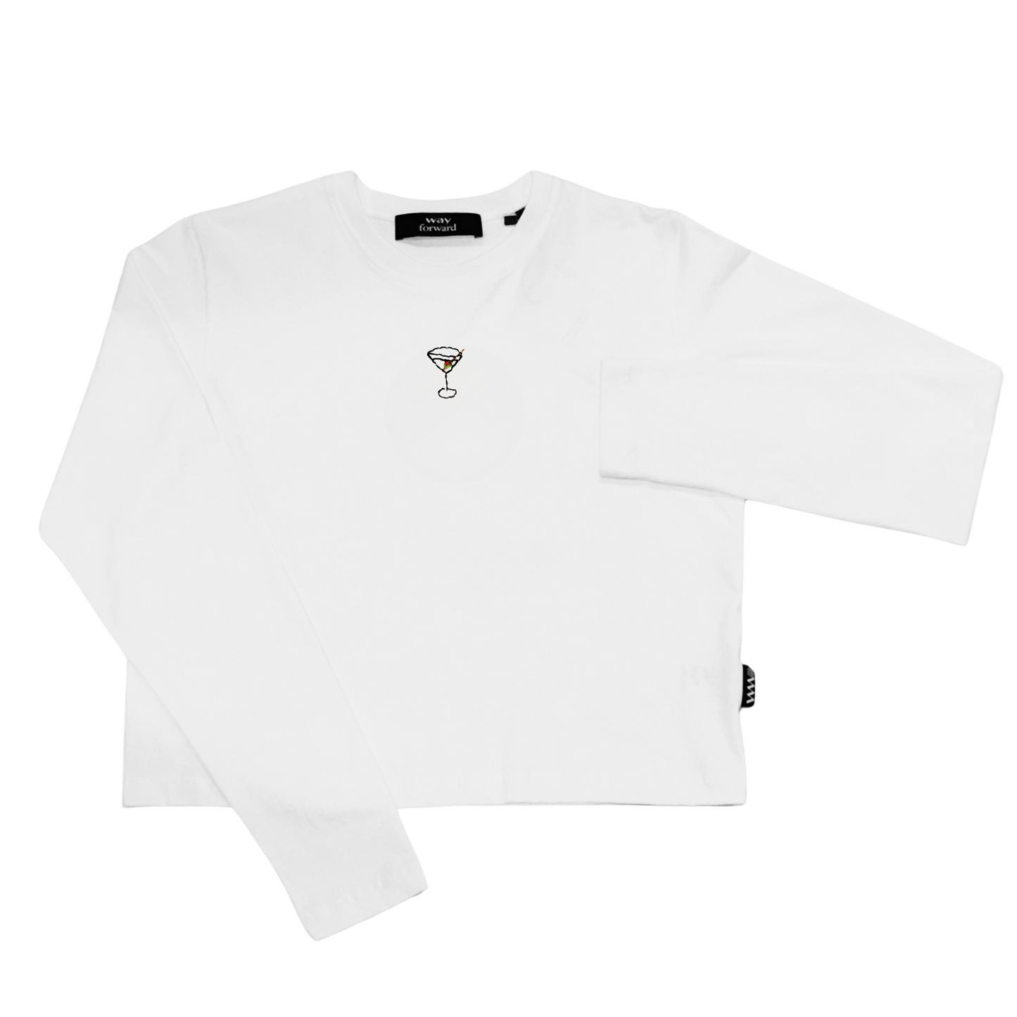 A black long sleeve crop top with a small embroidered martini glass design on the chest.