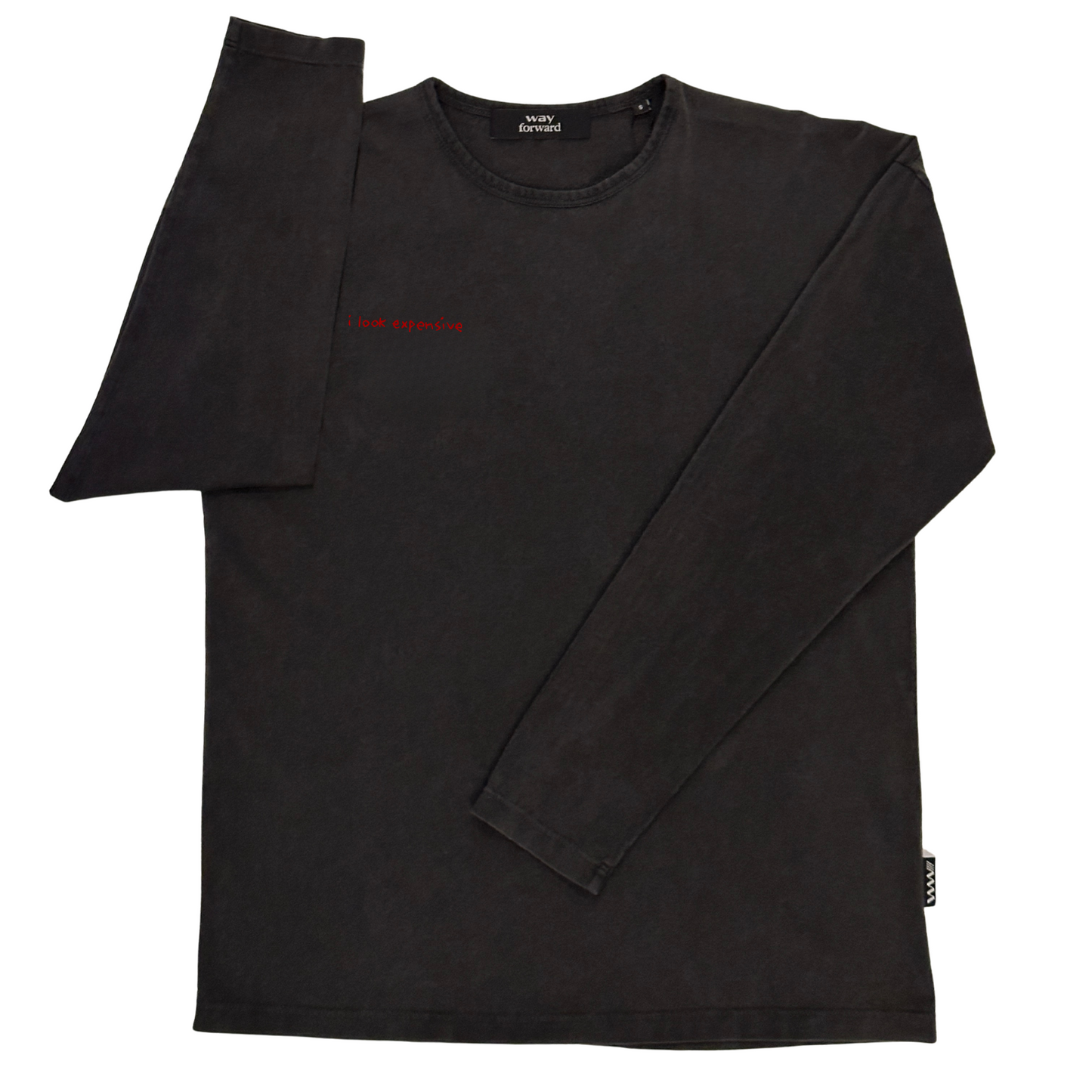 Black t-shirt with red text on a white background