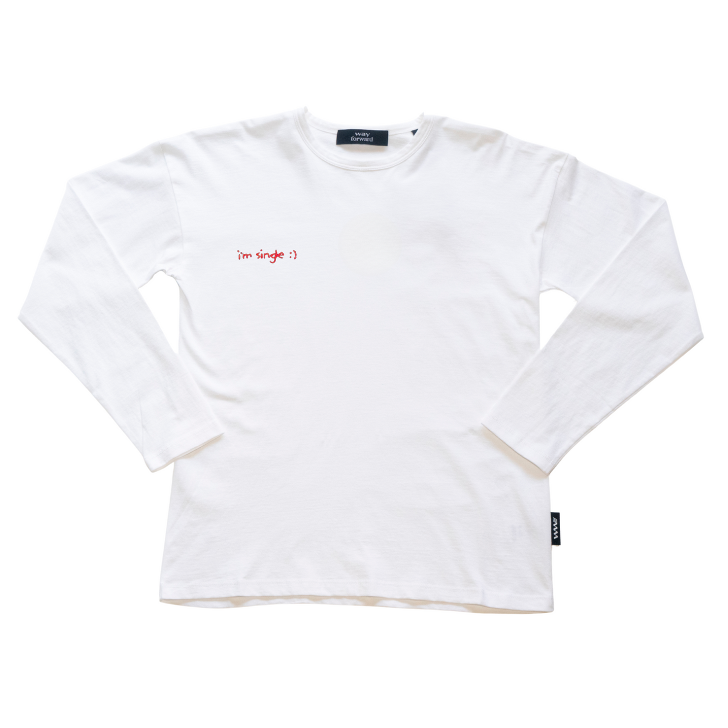 White long-sleeve t-shirt with a red i'm single text on a white background
