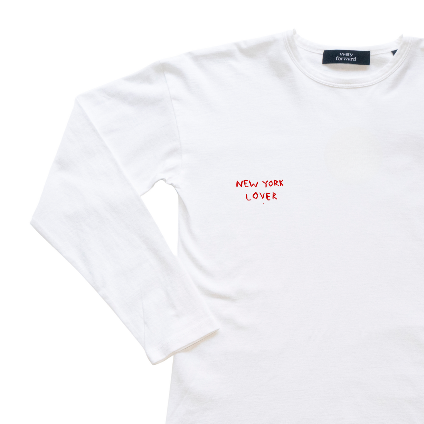 White t-shirt with 'New York Lover' text in red on a white background