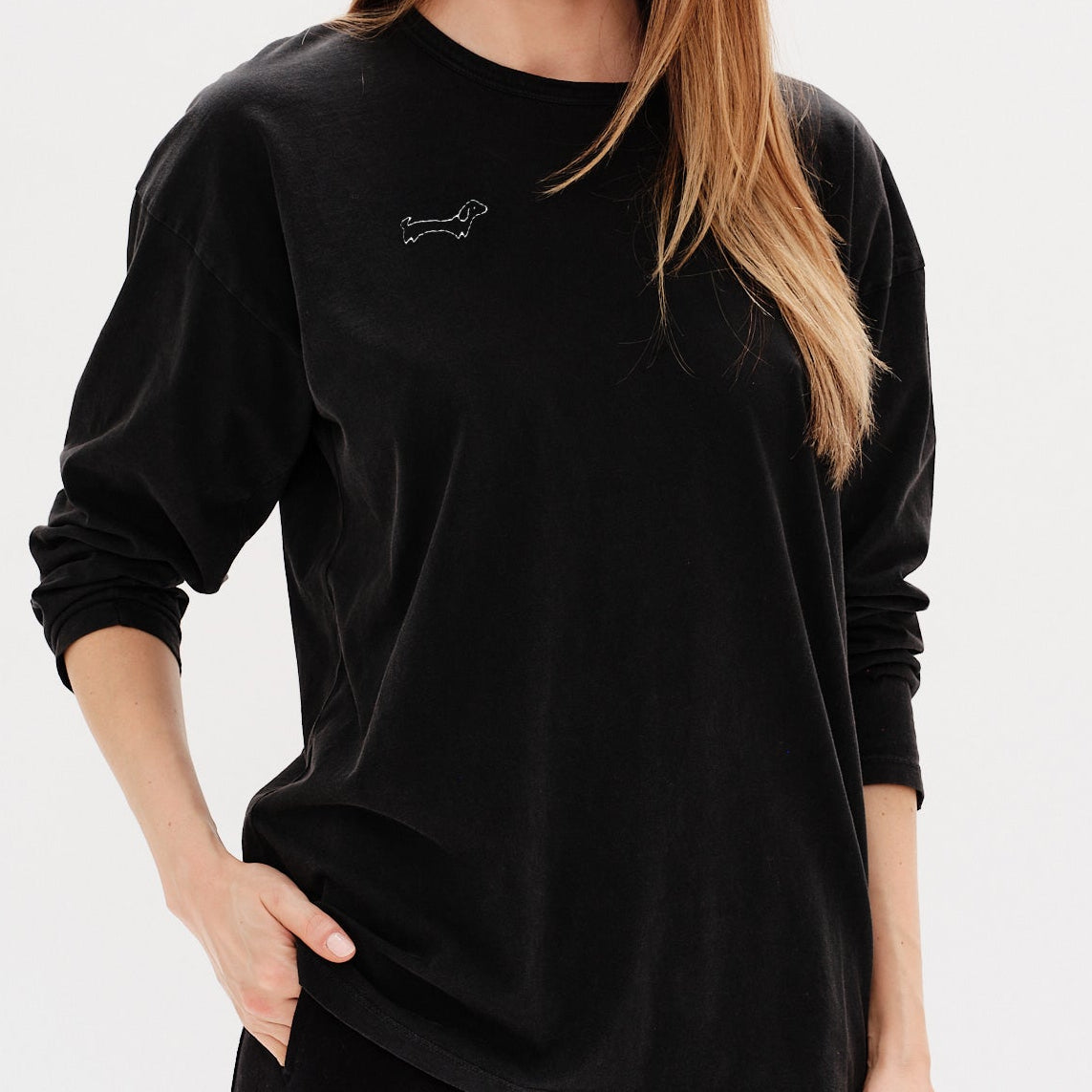 Black long sleeve t-shirt with weiner dog embroidery
