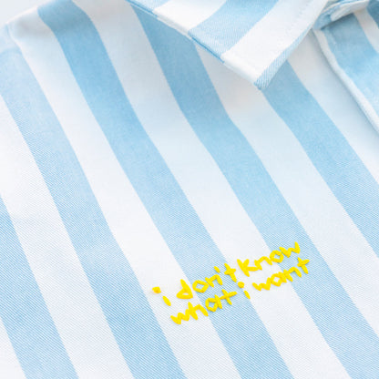Blue and white striped shirt with yellow text 'I don't know what I want' on a close-up view.