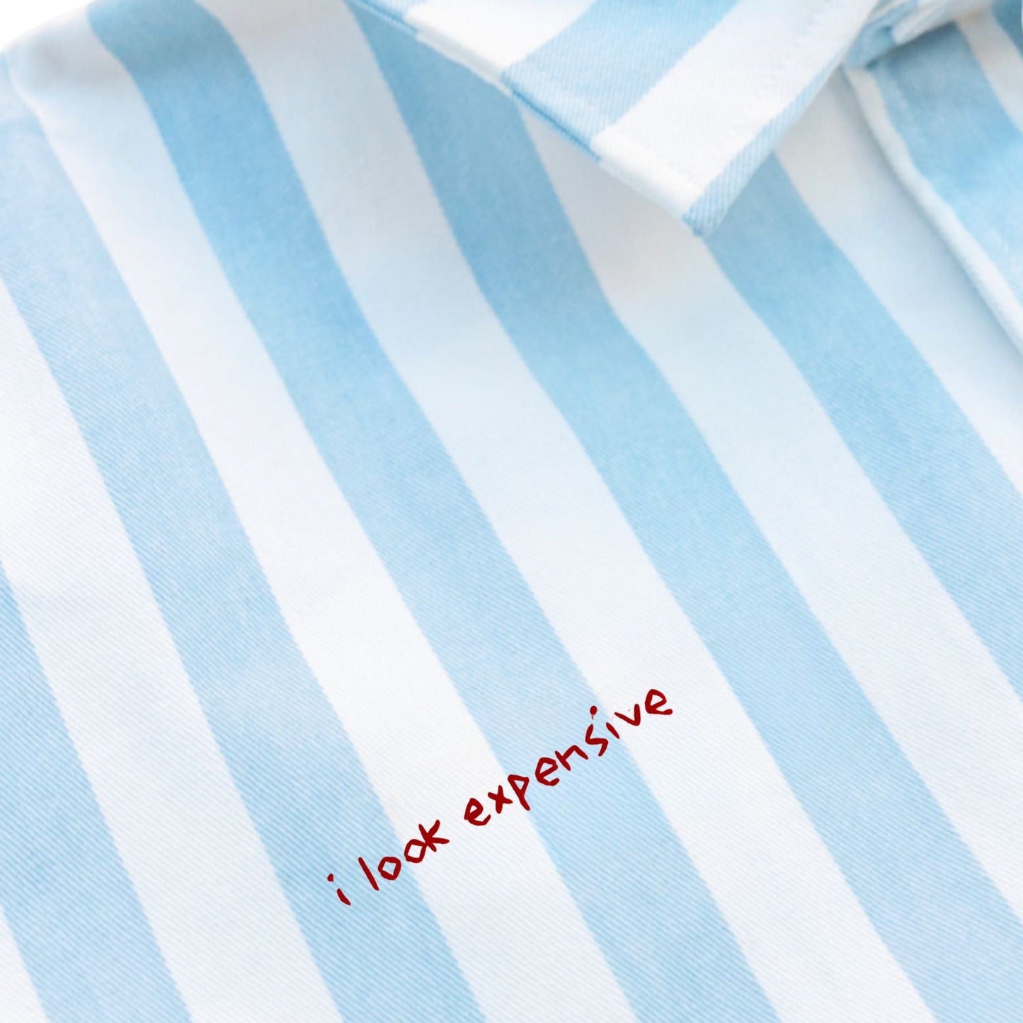 Striped shirt with 'i look expensive' text in red on a blue and white background
