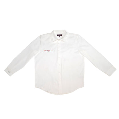 White shirt with red text 'i look expensive' on a white background