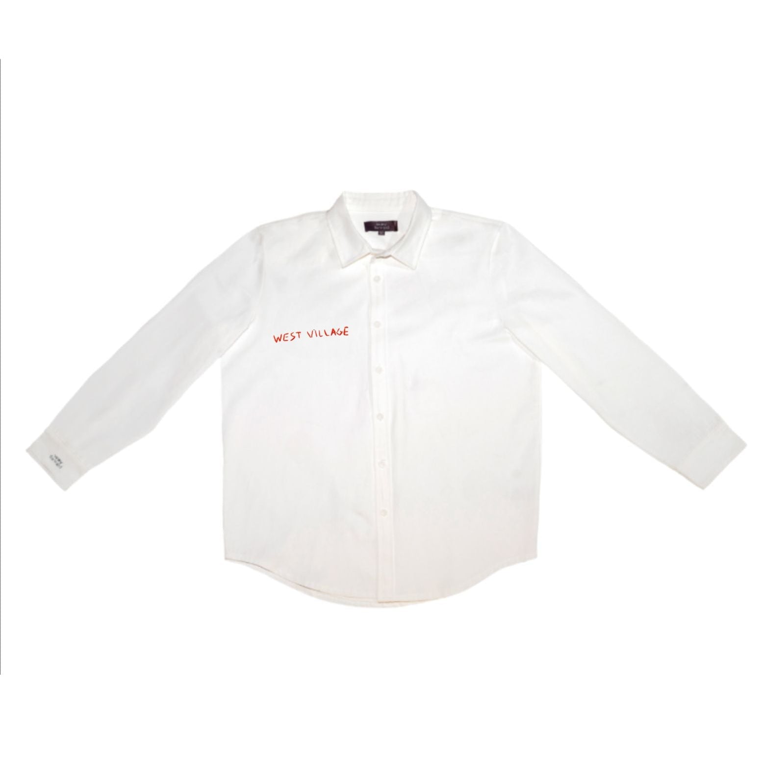 White shirt with 'WEST VILLAGE' embroidered in red on a white background