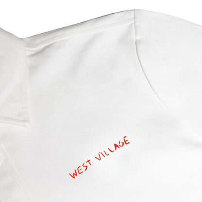 White shirt with 'WEST VILLAGE' embroidered in red on a white background