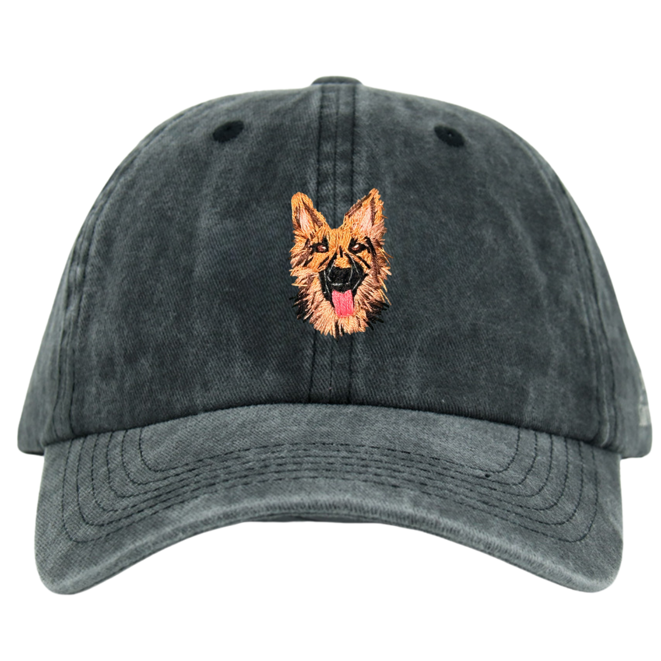 A black wash cap with a hand embroidered German Shepherd dog on the front.