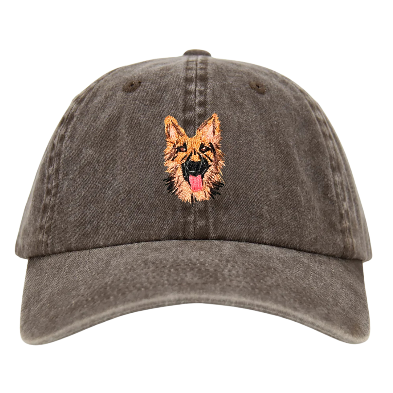 A brown wash cap with a hand embroidered German Shepherd dog on the front.
