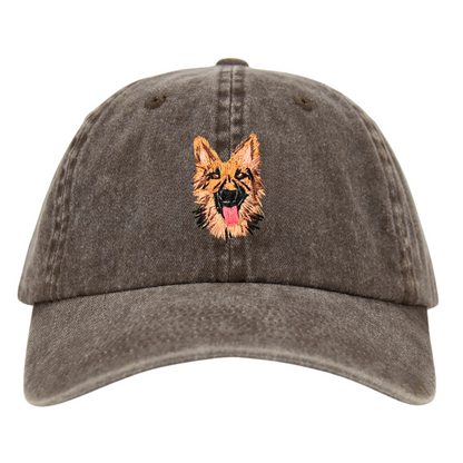 A brown wash cap with a hand embroidered German Shepherd dog on the front.