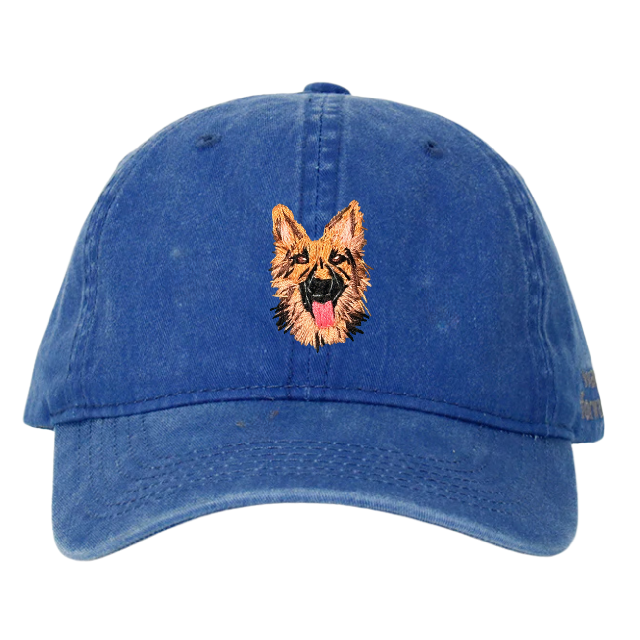 A blue wash cap with a hand embroidered German Shepherd dog on the front.