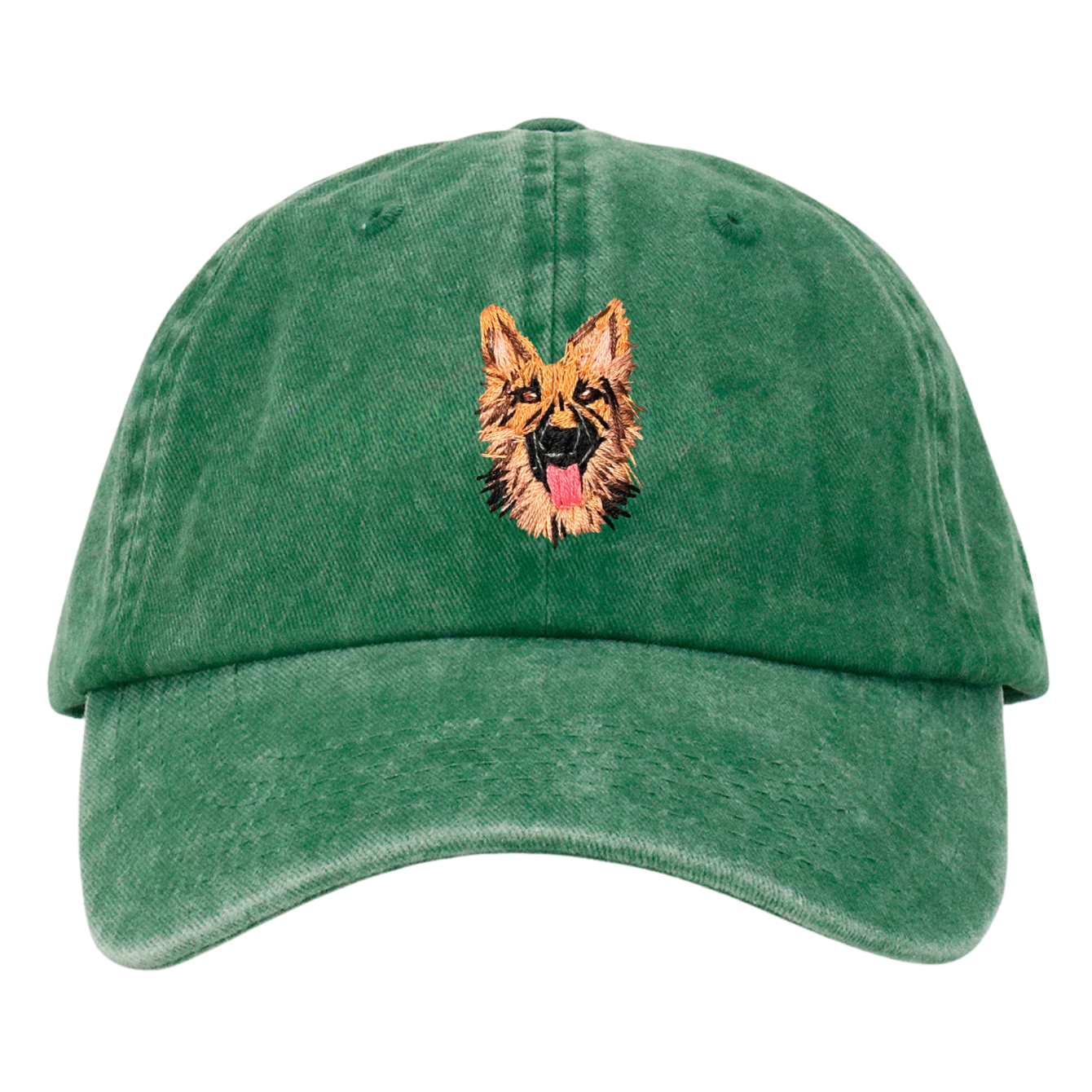 A green wash cap with a hand embroidered German Shepherd dog on the front.