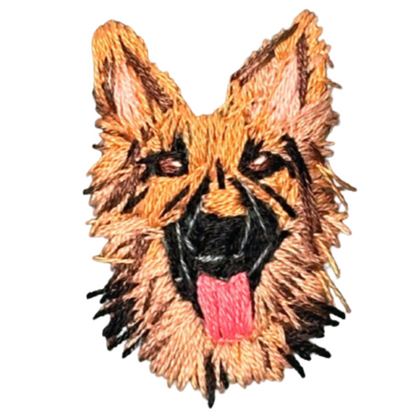 Embroidered patch of a German Shepherd head on a white background