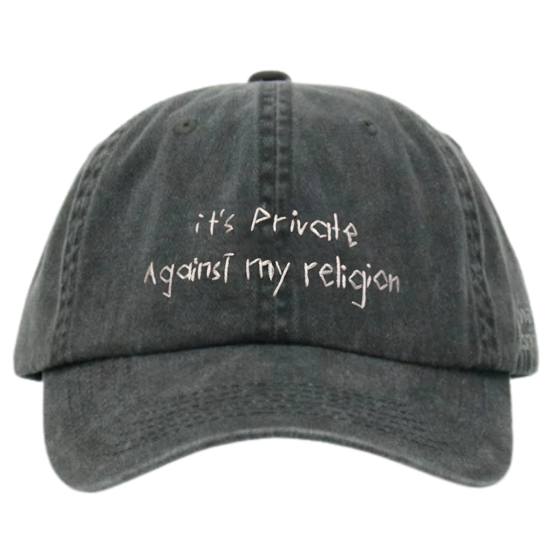 Black wash cap with text 'it's Private Against my religion' on a white background