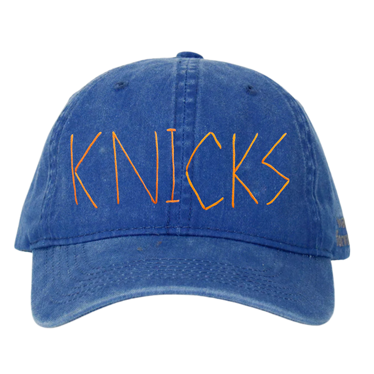A blue wash baseball cap with the word 'KNICKS' embroidered in orange on the front.