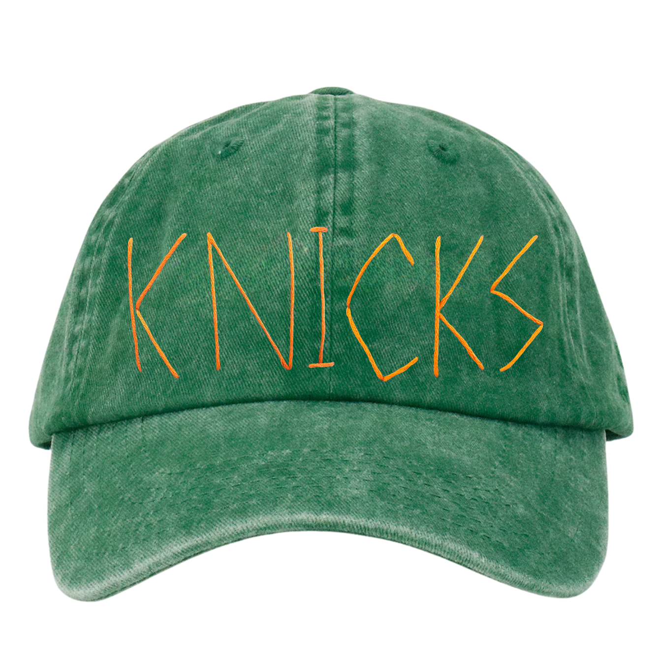 A green wash baseball cap with the word 'KNICKS' embroidered in orange on the front.