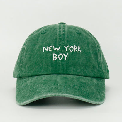 Green washed baseball cap with 'NEW YORK BOY' embroidered on the front