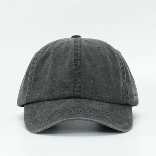 A black wash cotton cap with text embroidered on the front.