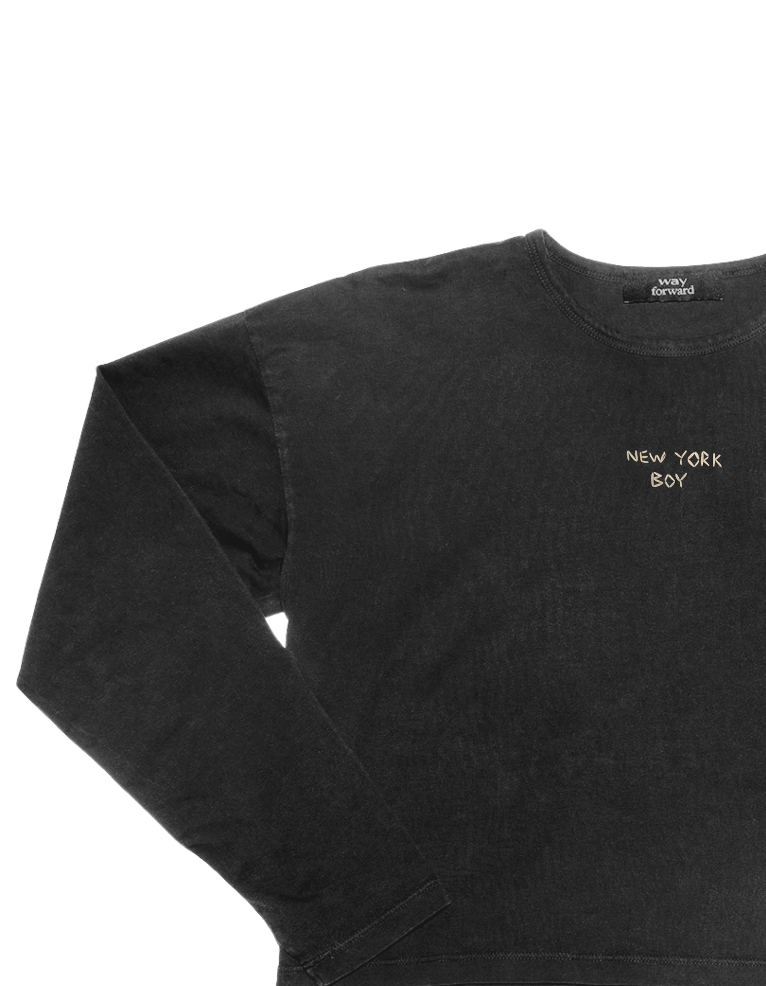 Long sleeve crop tee in black with 'NEW YORK BOY' embroidery on the chest.