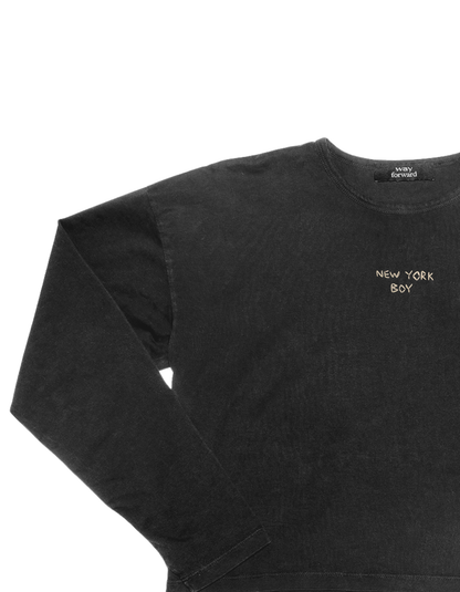 Long sleeve crop tee in black with 'NEW YORK BOY' embroidery on the chest.