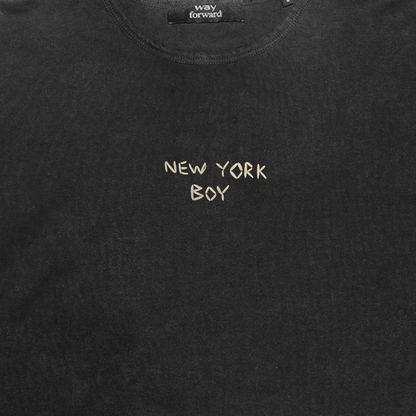Long sleeve crop tee in black with 'NEW YORK BOY' embroidery on the chest.