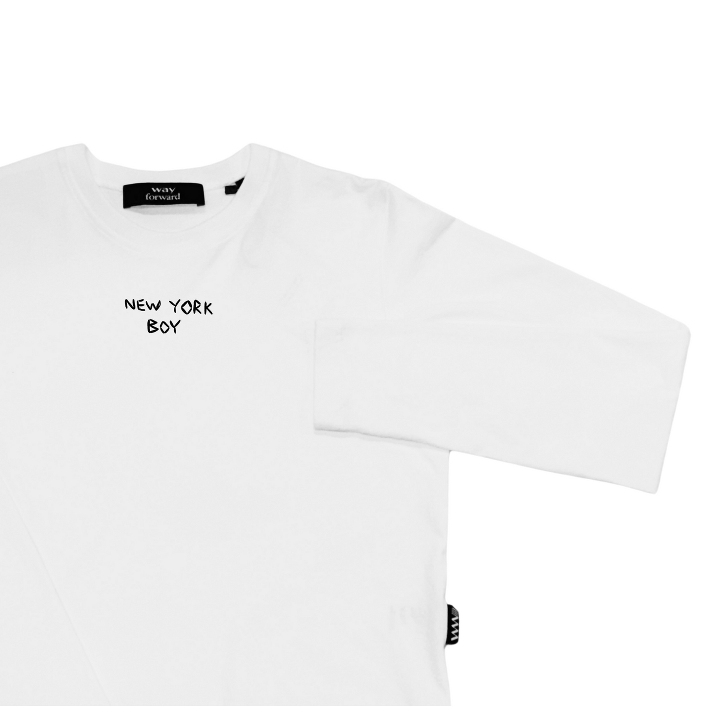Long sleeve crop tee in white with 'NEW YORK BOY' embroidery on the chest.