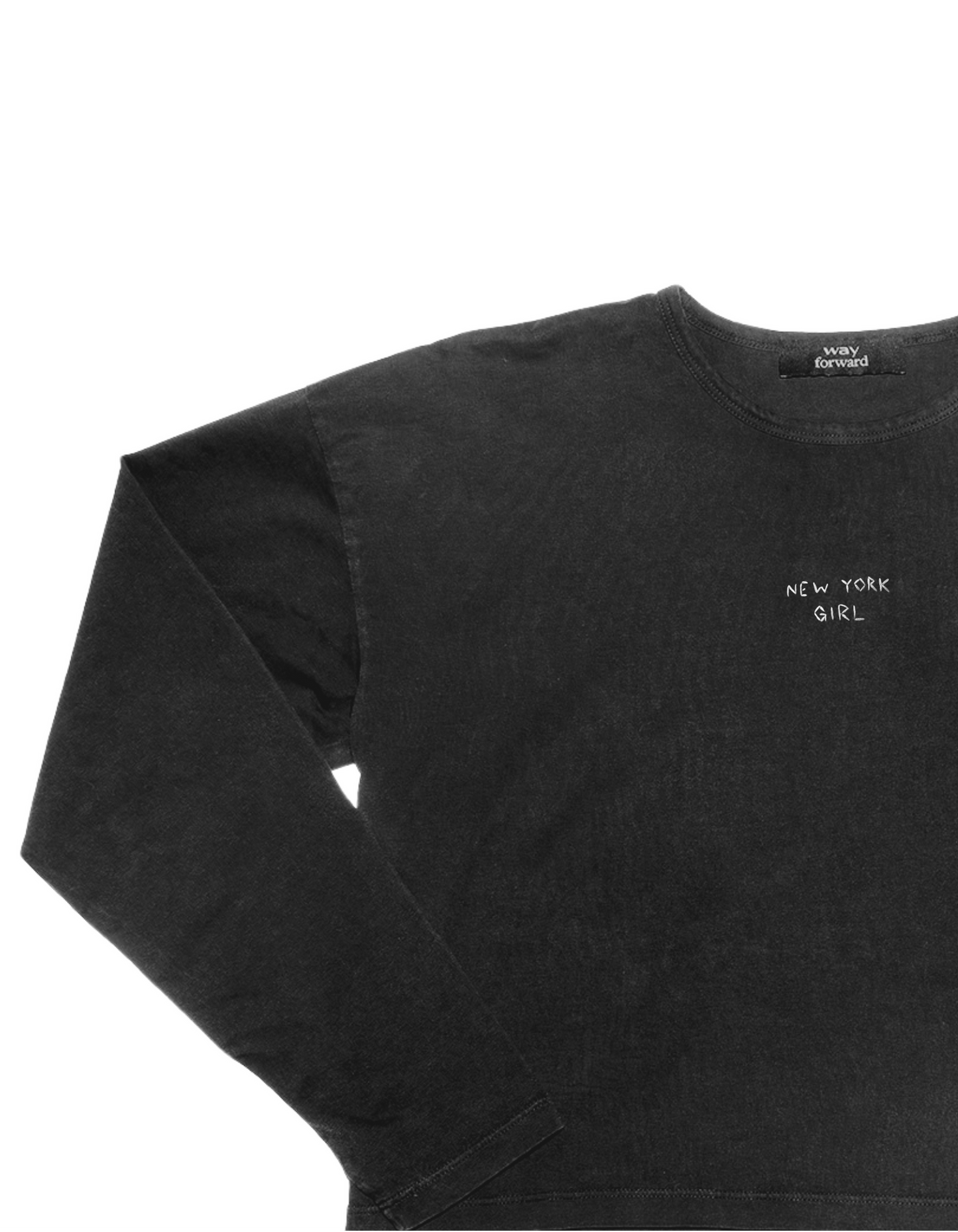 A long sleeve black crop tee with 'New York Girl' embroidery on the chest area, displayed against a plain background.