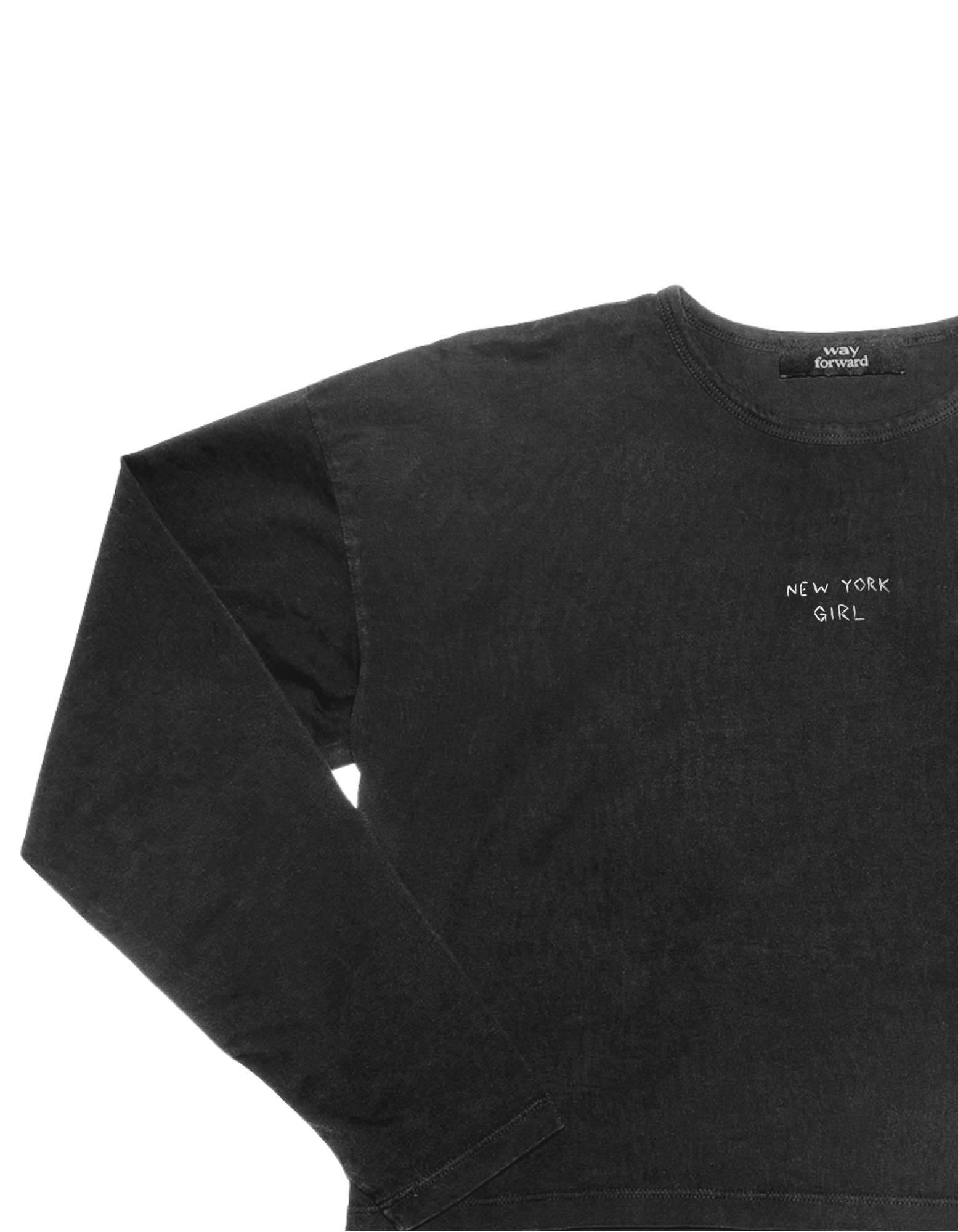 A long sleeve black crop tee with 'New York Girl' embroidery on the chest area, displayed against a plain background.