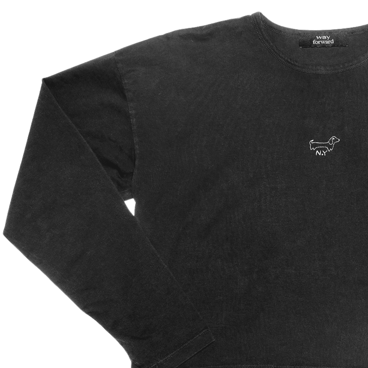 White long sleeve crop tee with a small embroidered dog design on the chest area.