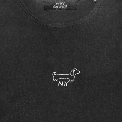 Black t-shirt with a white dog illustration and 'way forward' label on a black background