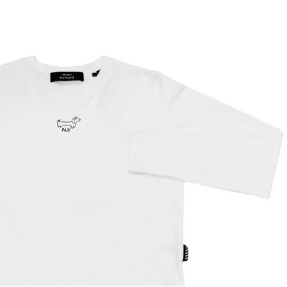 White long sleeve crop tee with a small embroidered dog design on the chest area.