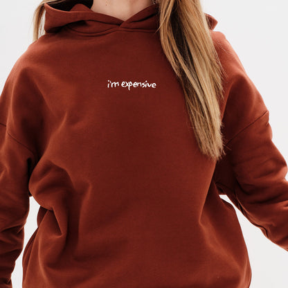 Woman wearing a brown hoodie with an I'm expensive embroidered text 