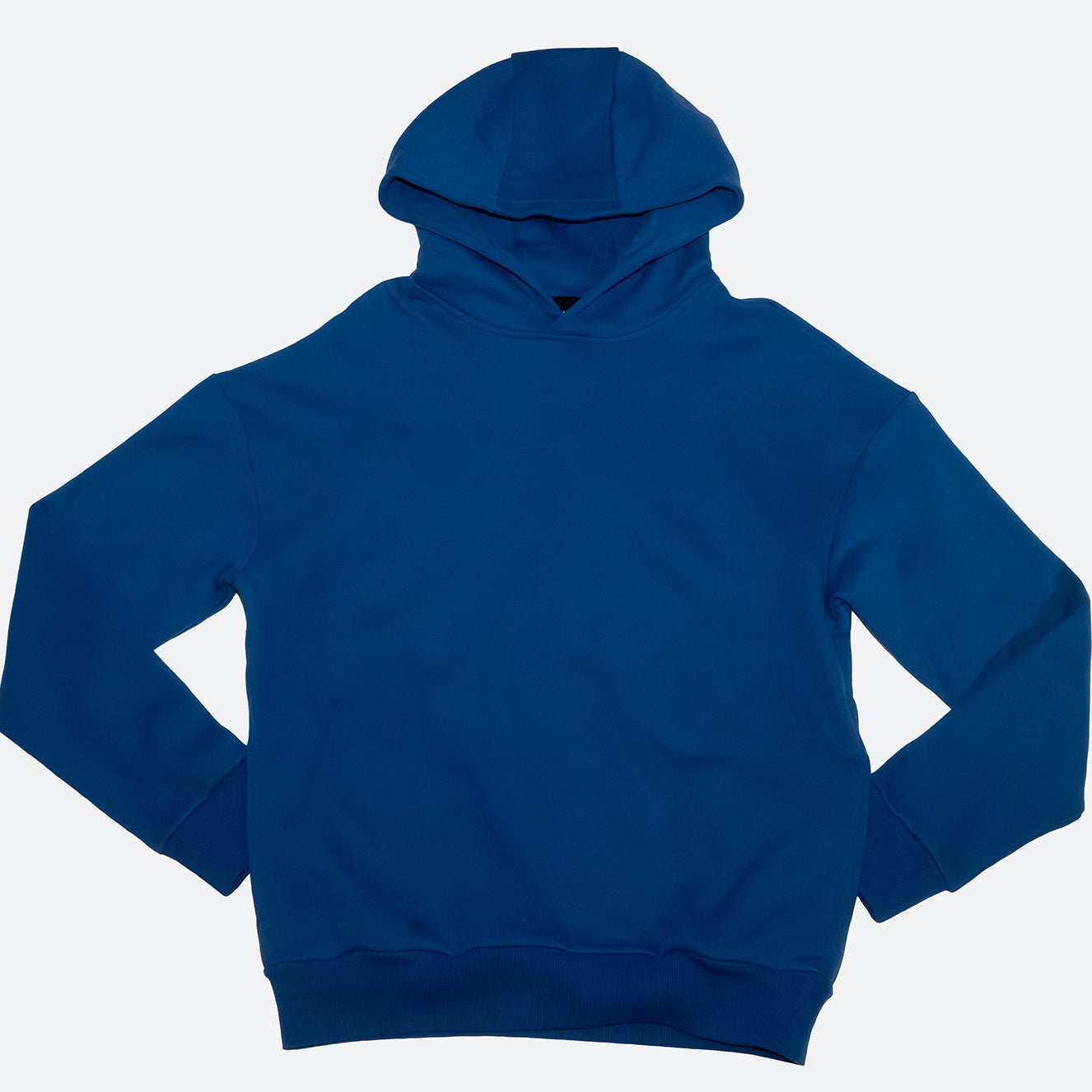 Blue hoodie with a small wiener dog embroidery on a light gray background