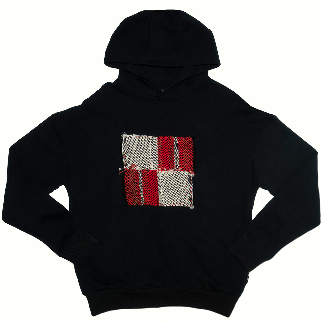 Black hoodie with a one of a kind embroidery on a light gray background