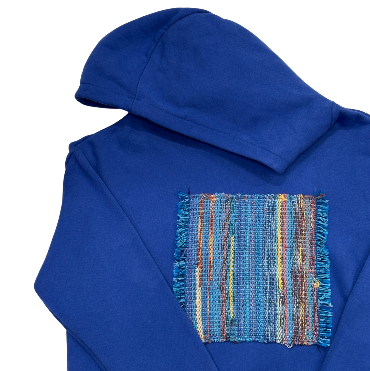 Blue hoodie with a colorful woven pattern on the chest pocket against a white background