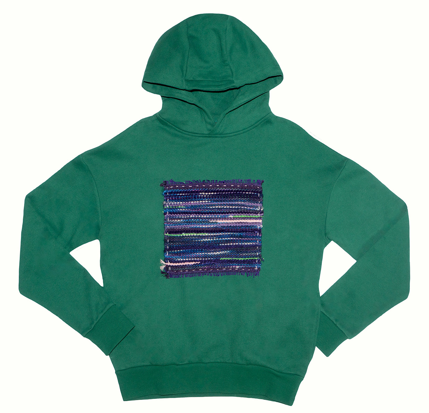 Green hoodie with a colorful square pattern on a white background