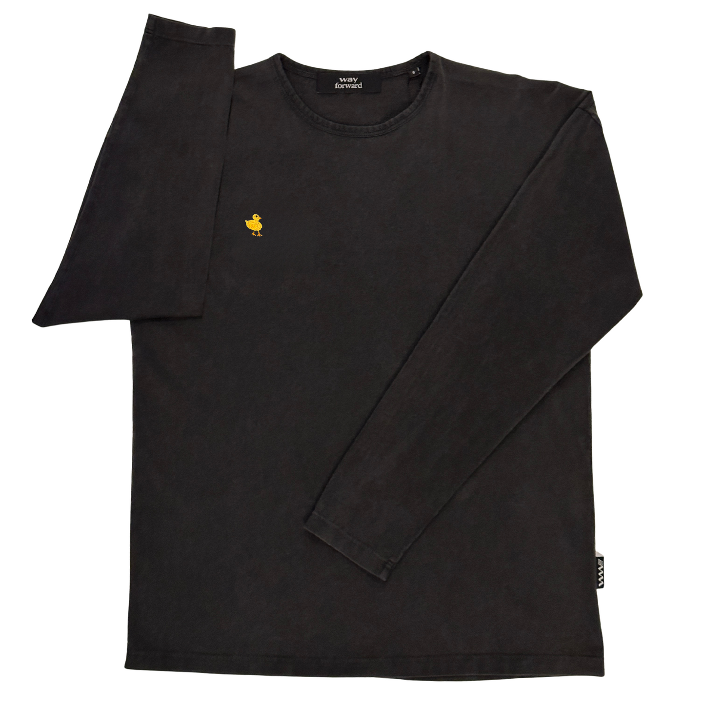 Black long-sleeve shirt with a small yellow duck on a white background