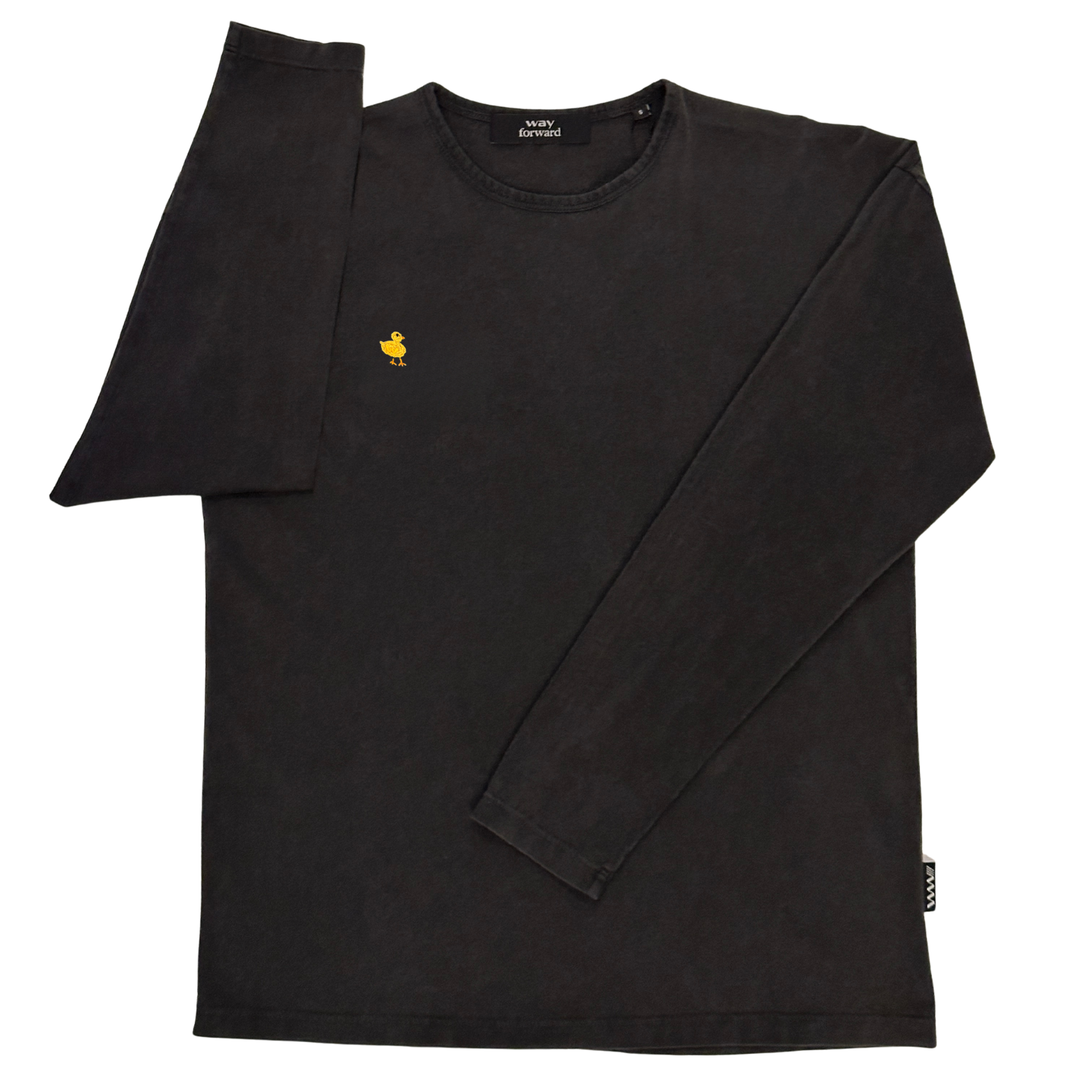 Black long-sleeve shirt with a small yellow duck on a white background