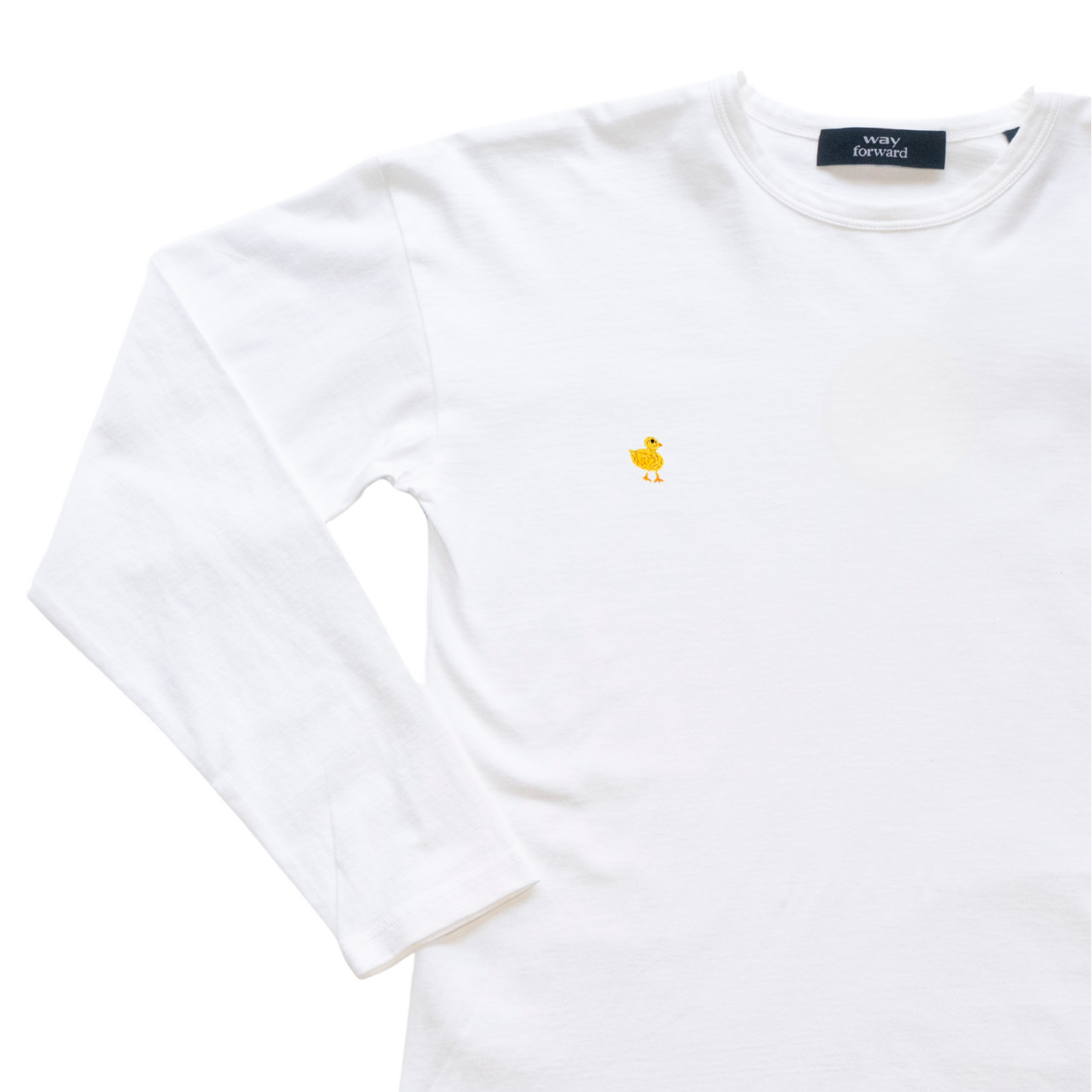 White t-shirt with a small yellow duck on a white background