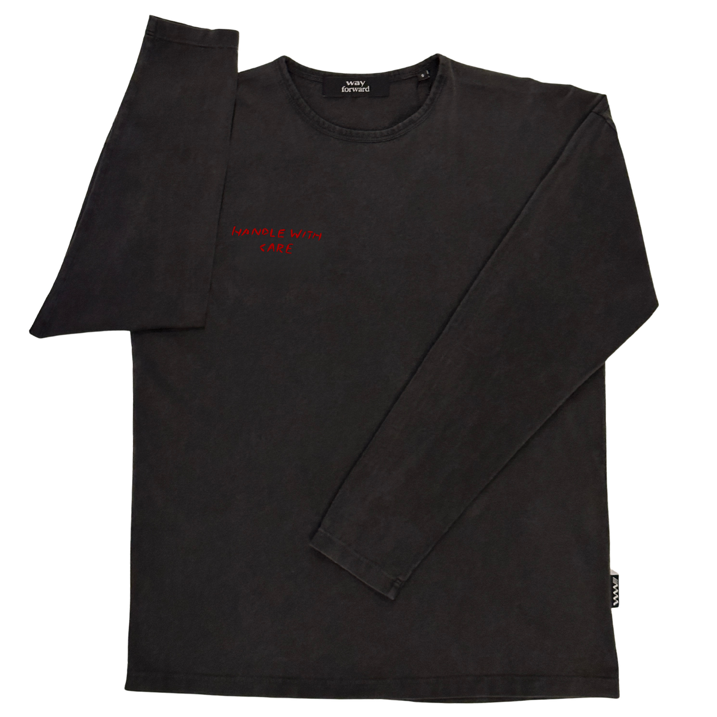 Black long-sleeve shirt with handle with care red text on a white background