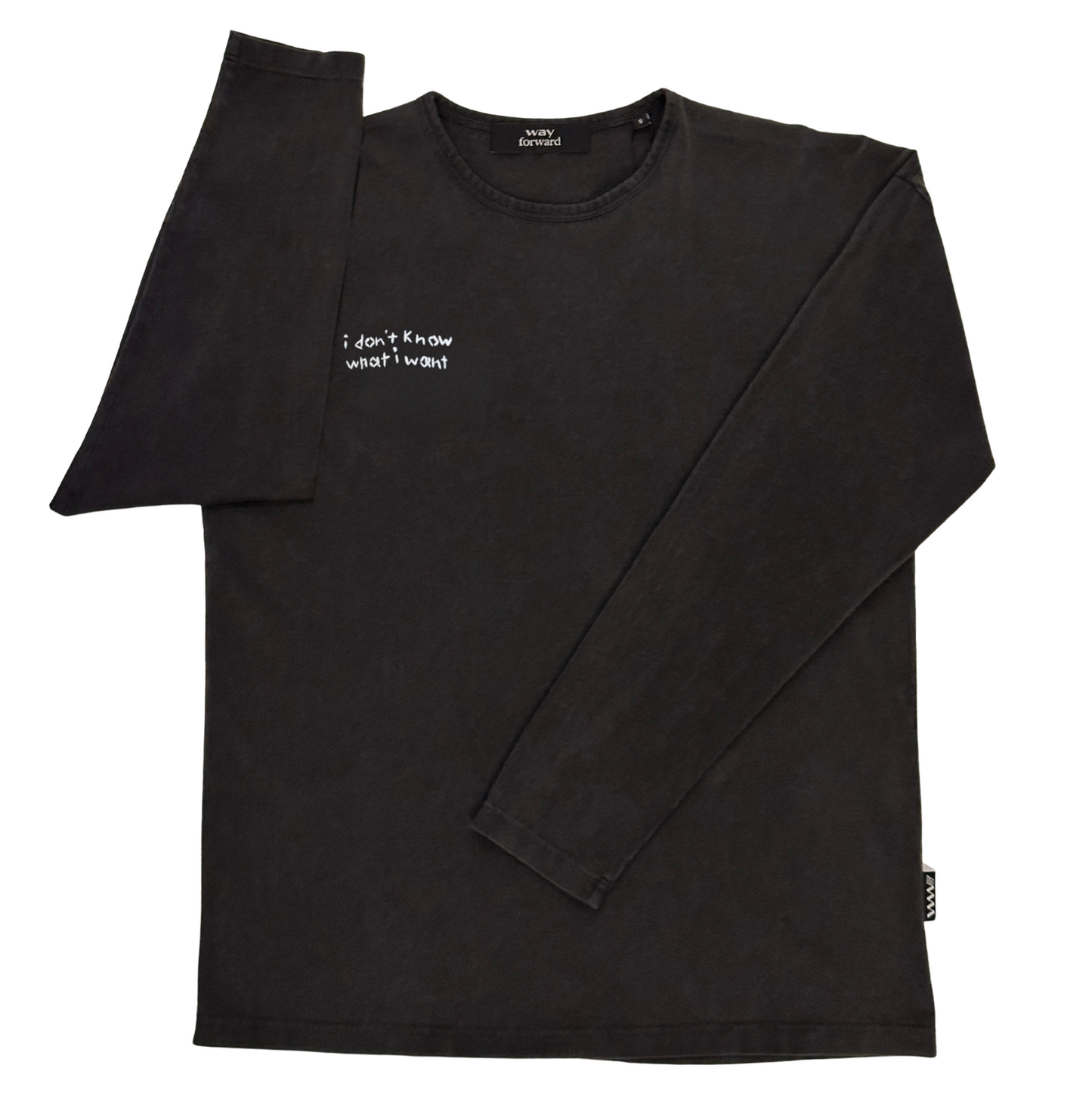 Black long-sleeve and short-sleeve shirt with i don't know what I want text on a white background