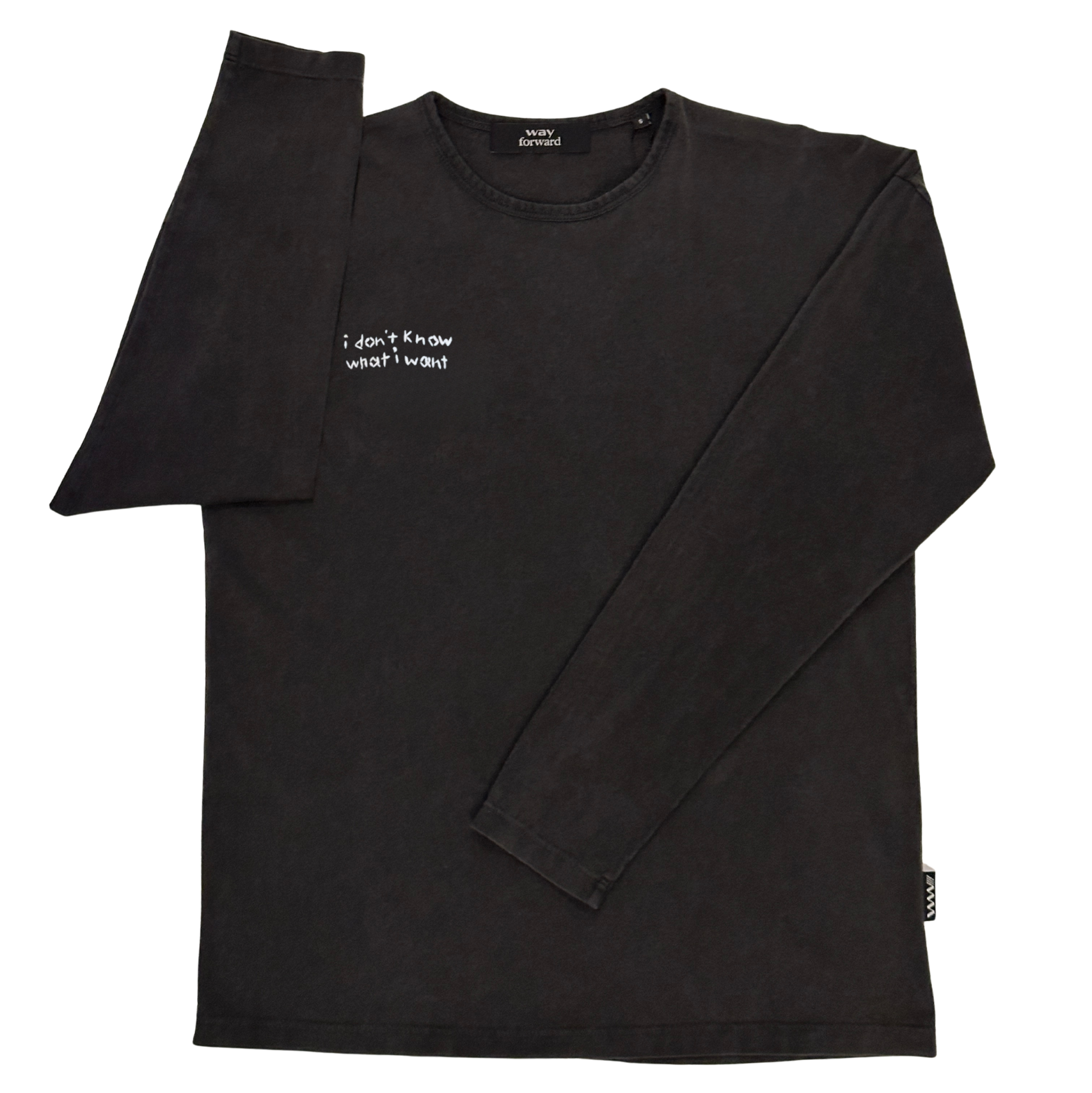 Black long-sleeve and short-sleeve shirt with i don't know what I want text on a white background