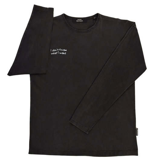 Black long-sleeve and short-sleeve shirt with i don't know what I want text on a white background