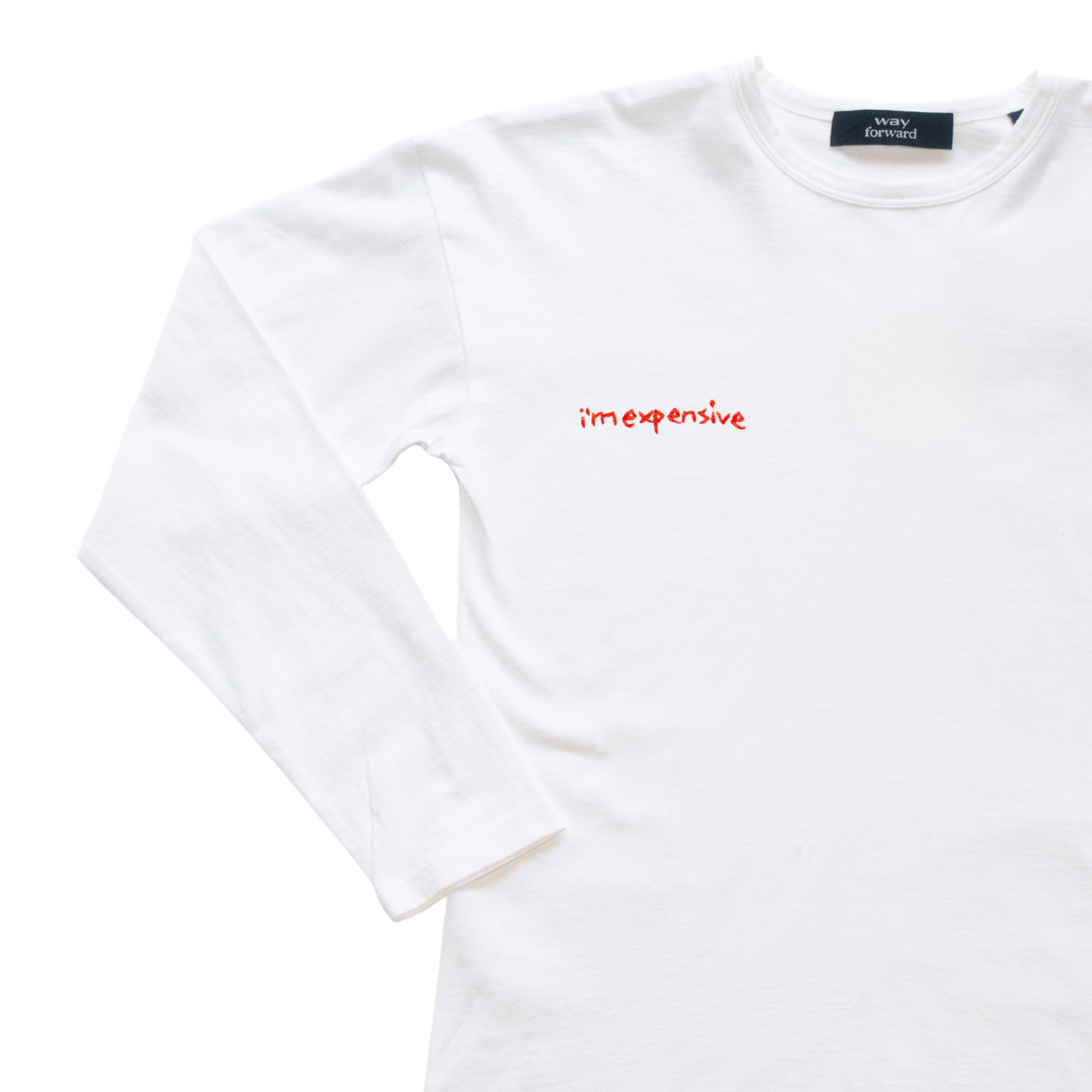 White t-shirt with red text on a white background