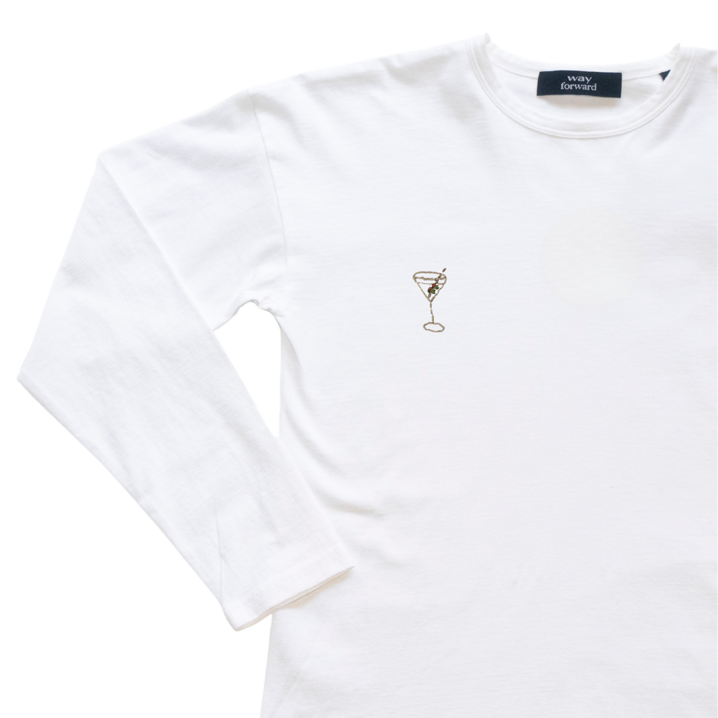 White long-sleeve t-shirt with a small martini embroidery on a white background
