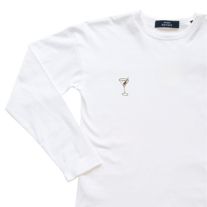 White long-sleeve t-shirt with a small martini embroidery on a white background