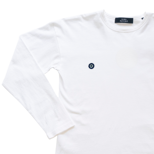 White long sleeve t-shirt with a small nazar embroidery on a white background