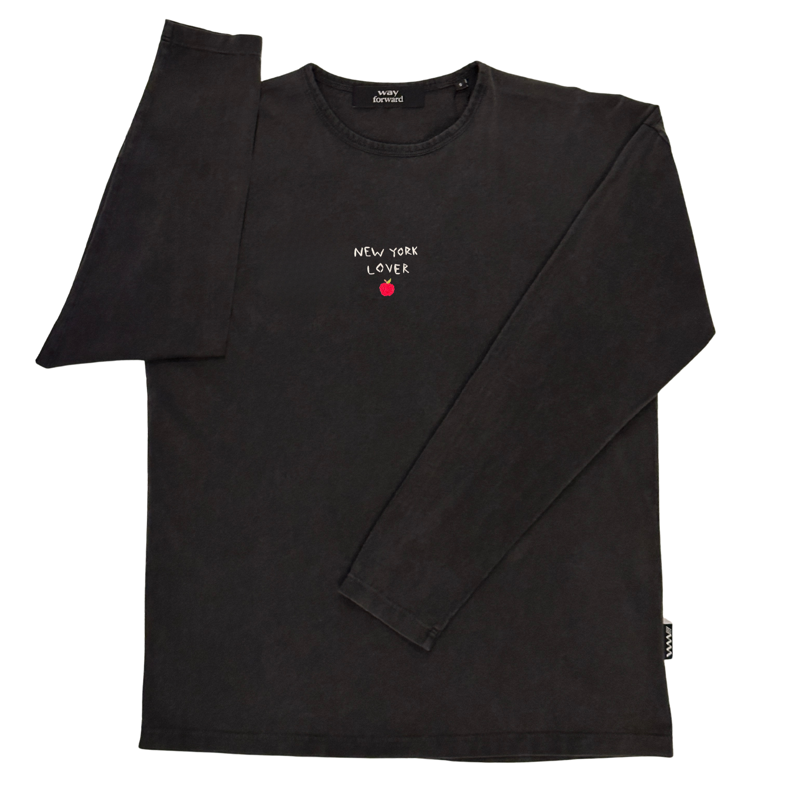 Black long-sleeve shirt with 'New York Lover' text and red apple graphic on a white background