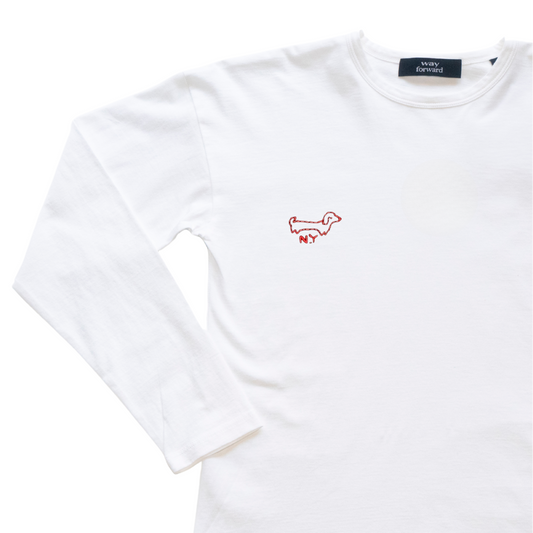 White long sleeve t-shirt with a small red weiner dog on a white background