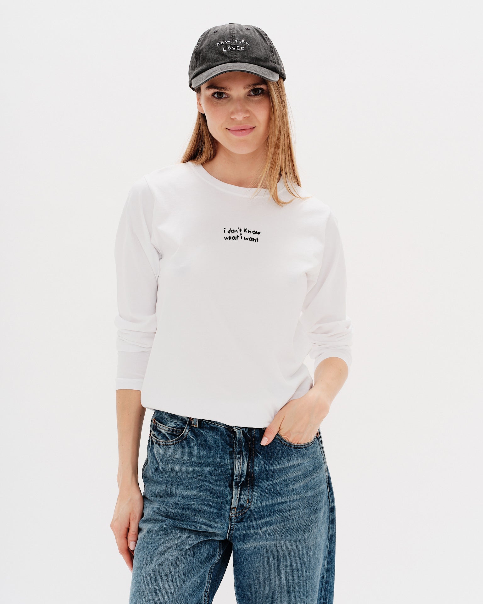 white long sleeve t-shirt with I 
don't know what i want embroidery
